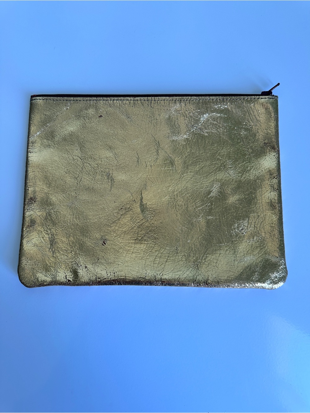 Tracey Tanner Metallic Gold Leather Zip Pouch Clutch 9” Distressed Foil Finish